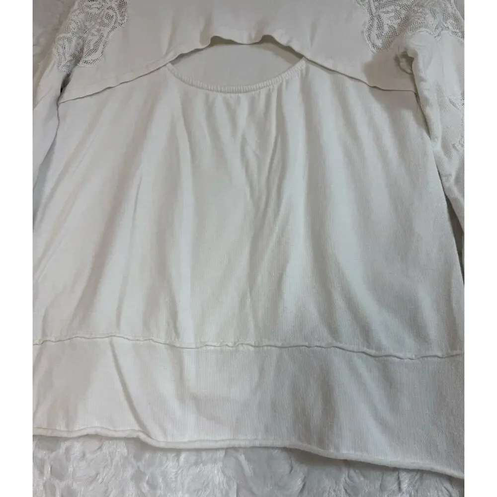 Free People Outer Sunset Ivory White Lace Insert Long Sleeve Boho Knit Top XS - Picture 12 of 16